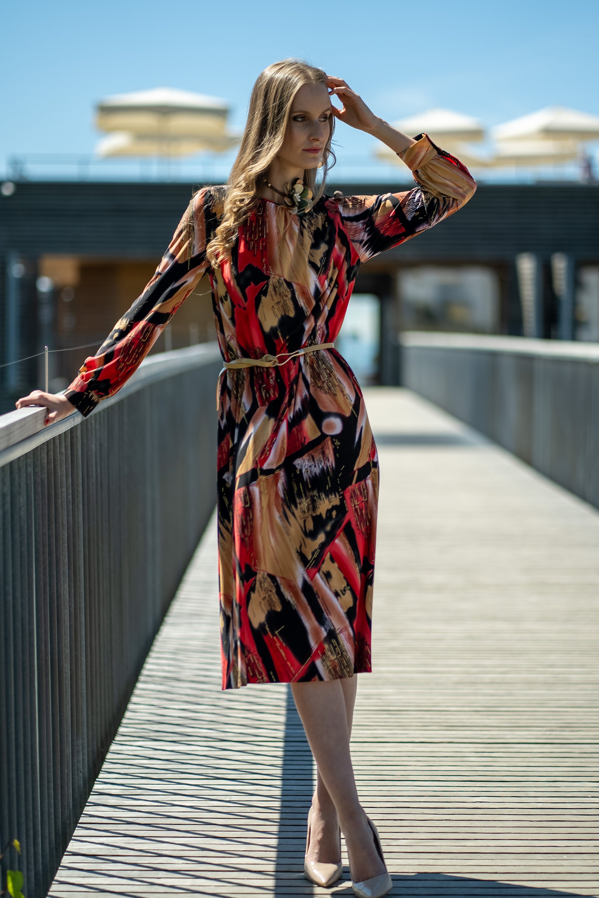 Langarm-Kleid aus gemustertem stretch Jersey