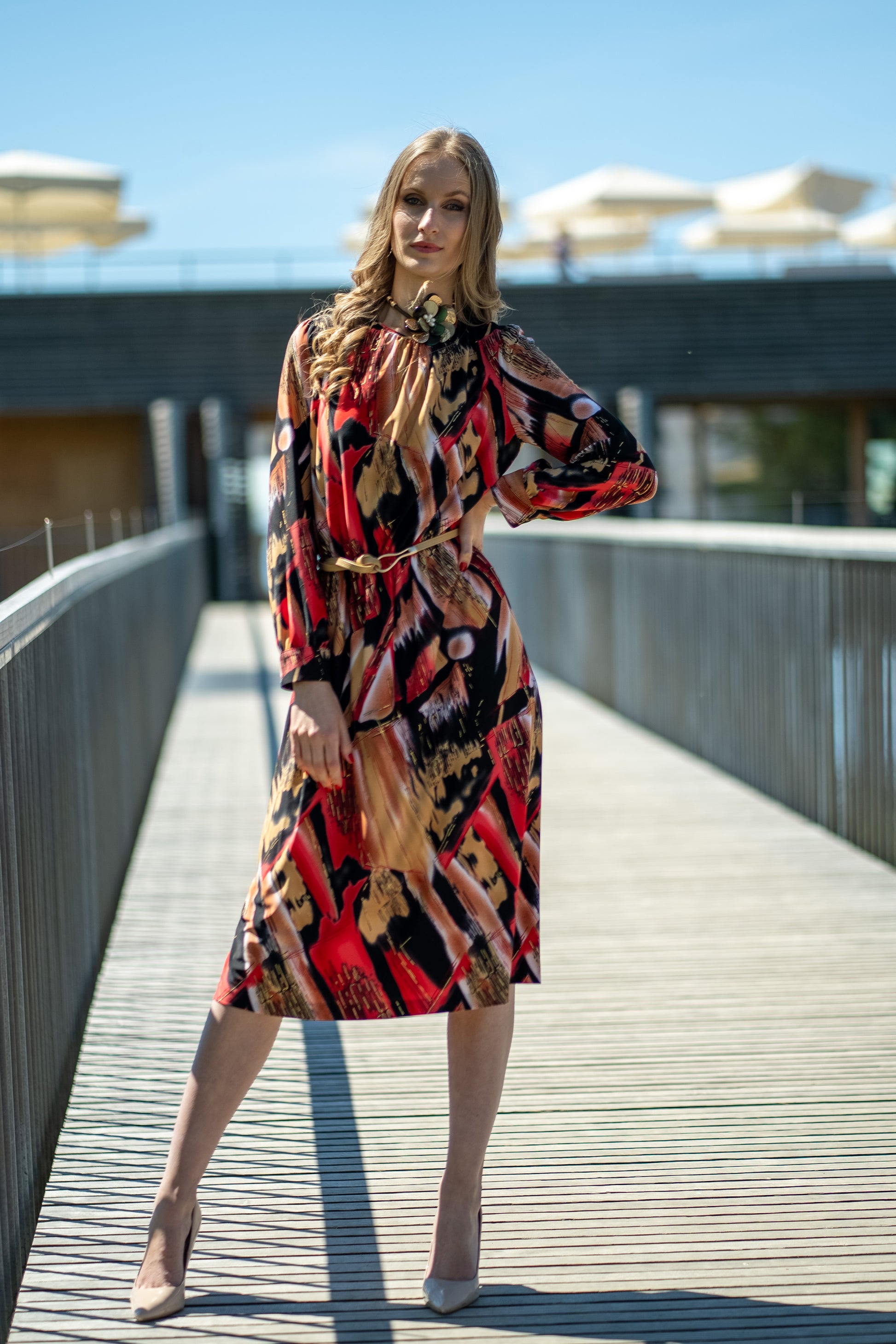 Langarm-Kleid aus gemustertem stretch Jersey
